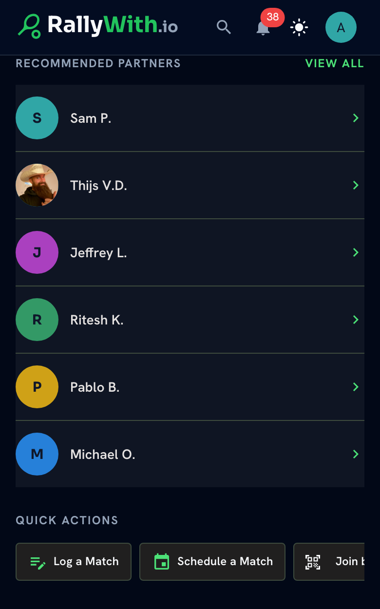 RallyWith app showing recommended partners and nearby players