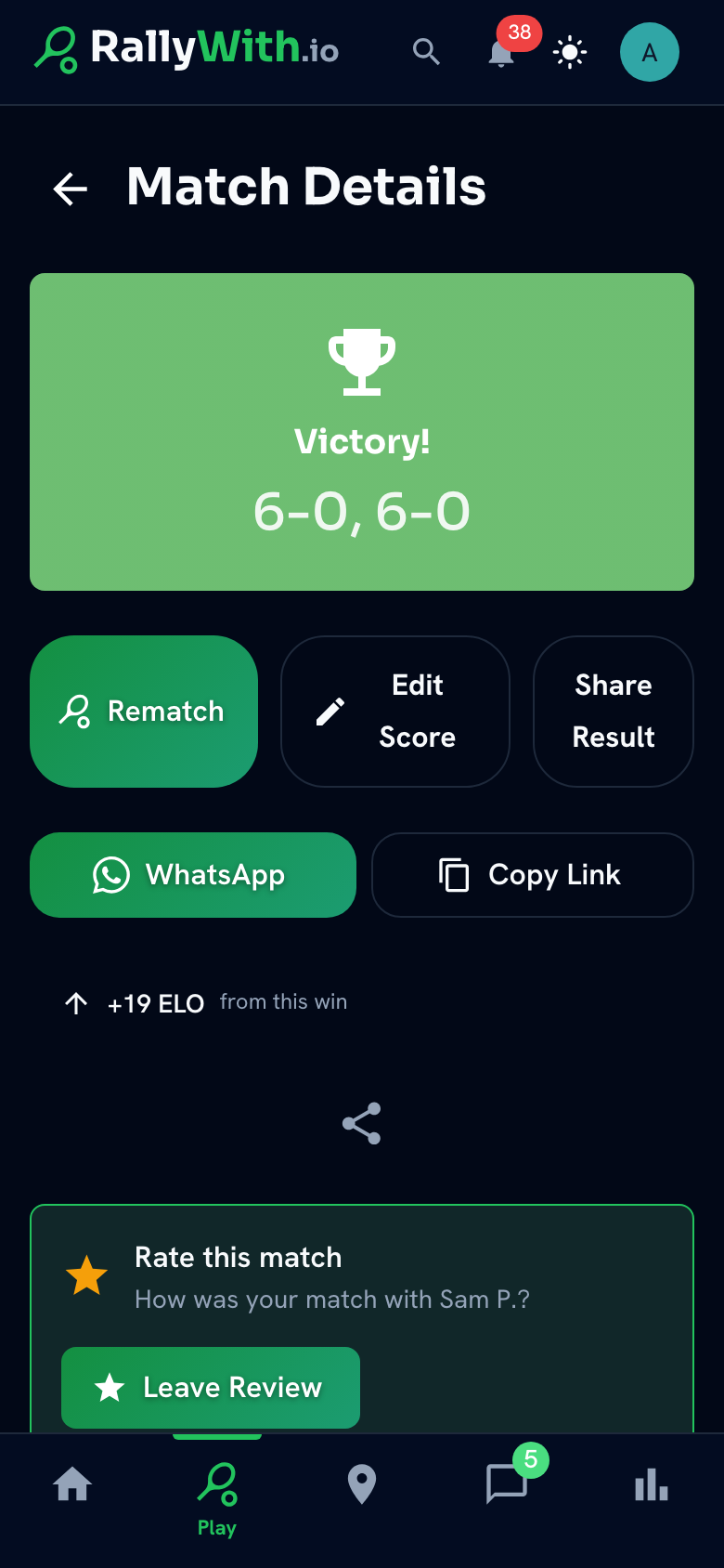 RallyWith app showing a completed match result and rating change